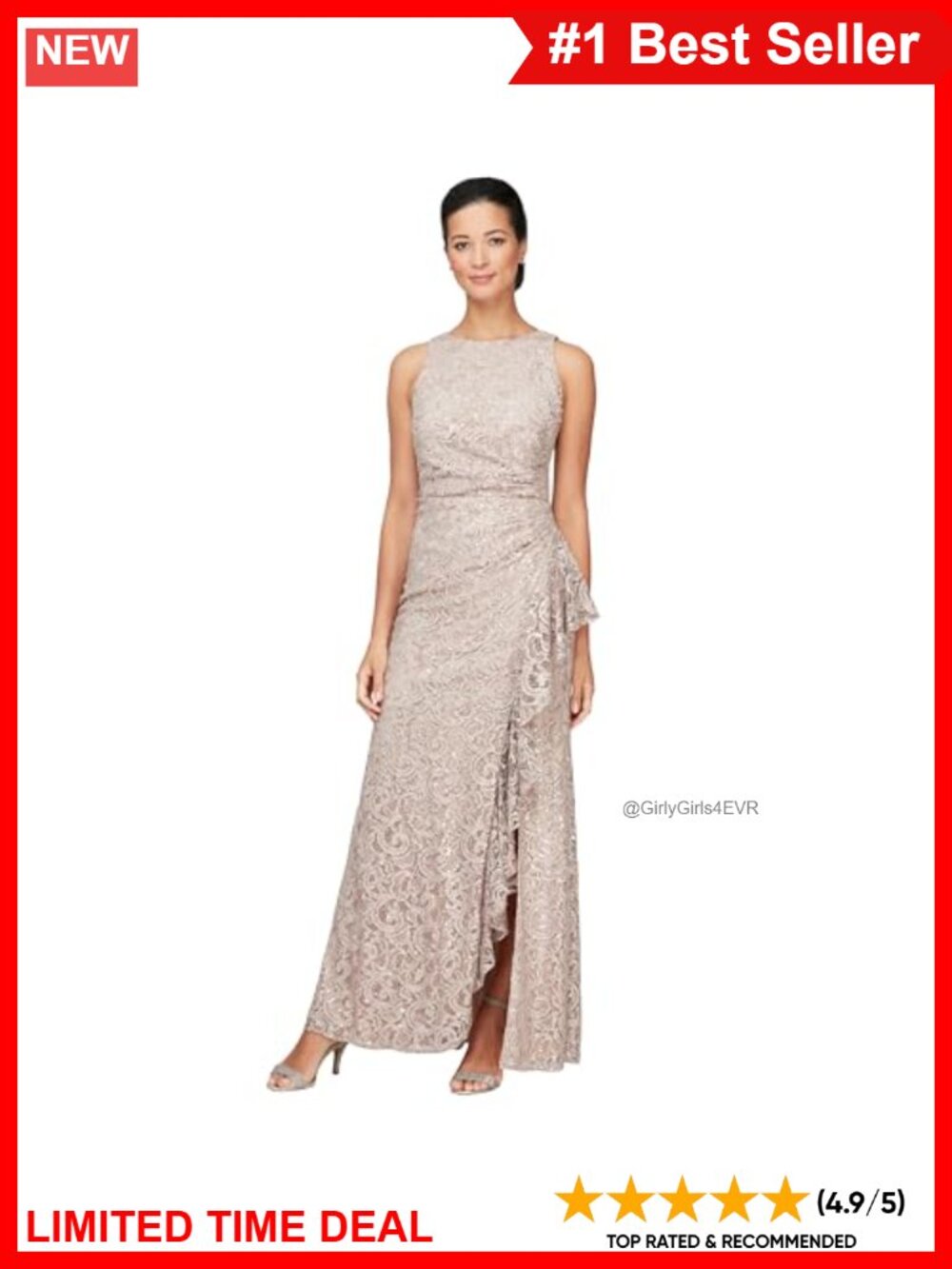 Long Sleeveless Sequin Lace Mother of the Bride Dress Cascade Ruffle Front Slit